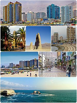 Montage of Antofagasta, Top:View of downtown Antofagasta, 2nd left:Antofagasta Clock Tower in Armas Square, 2nd middle:Mano del Desierto Sand Sculpture in Atacama Desert, 2nd right:View of Coldelco area, 3rd left:Balneario Beach, 3rd right:Arturo shopping center area, Bottom:View of La Portada Natural Monument