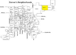 Map of Denver’s neighborhoods, Montbello is highlighted in yellow.