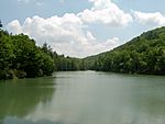 A reservoir flanked by green forested hillsides on either side and in the background.