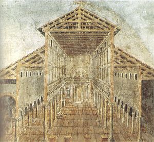 Affresco dell'aspetto antico della basilica costantiniana di san pietro nel IV secolo