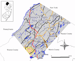 Map of Green Township in Sussex County. Inset: Location of Sussex County highlighted in the State of New Jersey.