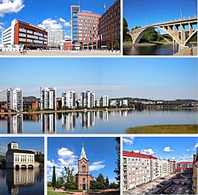 Clockwise from top-left: Lutakko Square, Äijälänsalmi Strait, apartments in Lutakko, a courtyard in downtown Jyväskylä, the Jyväskylä City Church, and the old power station of Vaajakoski