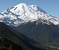 Photograph of the snow-covered Mount Rainier, the centerpiece of Mount Rainier National Park.