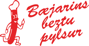 The logo of Bæjarins Beztu Pylsur, featuring an anthropomorphic sausage and stylised red text reading the company name.