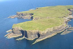 Aerial view of Staffa, with The Colonnade in the foreground and Am Buchaille to the right