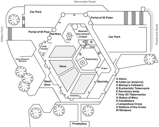 Clifton Cathedral interior plan, trees