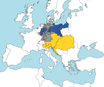 The German Confederation in 1820. The two major powers - the Austrian Empire (yellow) and the Kingdom of Prussia (blue) - were not totally enclosed by the confederation's borders (red)