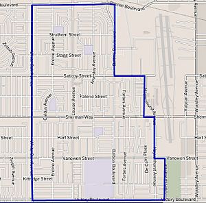 Lake Balboa neighborhood as mapped by the Los Angeles Times. Van Nuys Airport is on the right.