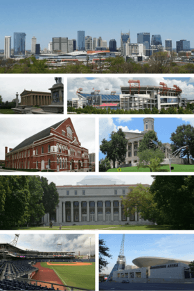 From top to  bottom, left to right: Nashville skyline, the Parthenon, Nissan Stadium, Ryman Auditorium, Tennessee State Capitol, Vanderbilt University's The Wyatt Center, First Horizon Park, Bridgestone Arena