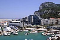 Yachts and boats anchored in a marina that lined with jetties and modern apartment blocks, with the Rock of Gibraltar in the background