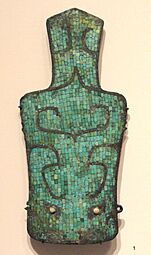 Turquoise-Inlaid Plaque with Stylized Animal-Mask Decoration and Elongated Extension, 1900-1350 BC, Neolithic to Shang period, Erlitou culture, China, bronze with turquoise inlay - Sackler Museum - DSC02630