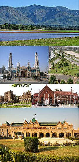  From top, left to right:  Rawal Lake, Gulshan Dadan Khan Mosque, Bahria Town, Rawat Fort, Christ Church, Rawalpindi Railway Station  