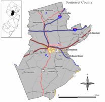 Location of Somerville in Somerset County highlighted in yellow (right). Inset map: Location of Somerset County in New Jersey highlighted in black (left).