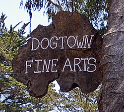 A "Dogtown Fine Arts" sign outside a studio in Dogtown