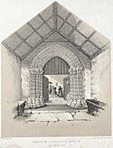 The porch and entrance to Llanbadarn Fawr church. Through doorway it shows priest adminstrating holy baptism at the font 1860