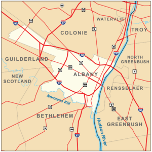 Map shows Albany on the west bank of the Hudson, surrounded by the towns of Colonie, Guilderland, and Bethlehem. Roads are also shown. Interstates 90, 87, and 787 pass through the city boundaries.