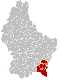 Map of Luxembourg with Stadtbredimus highlighted in orange, and the canton in dark red