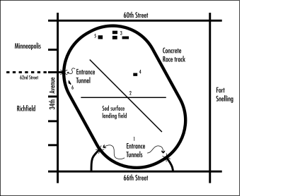 Map showing Speedway Field and locations of runways and structures