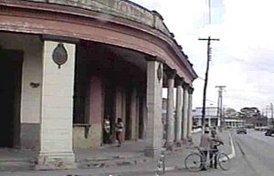 View of the town. To the left, a former warehouse  now converted to a special school