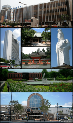 From the upper left: Nishitetsu Kurume Station, city hall, Suitengu shrine, Kora-taisha shrine, Narita-san templeIshibashi bunka center, JR Kurume Station