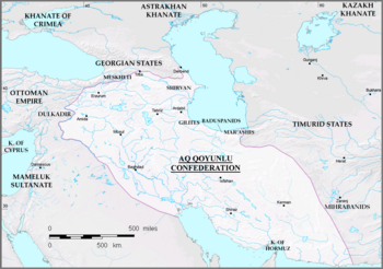 The Aq Qoyunlu confederation at its greatest extent under Uzun Hasan