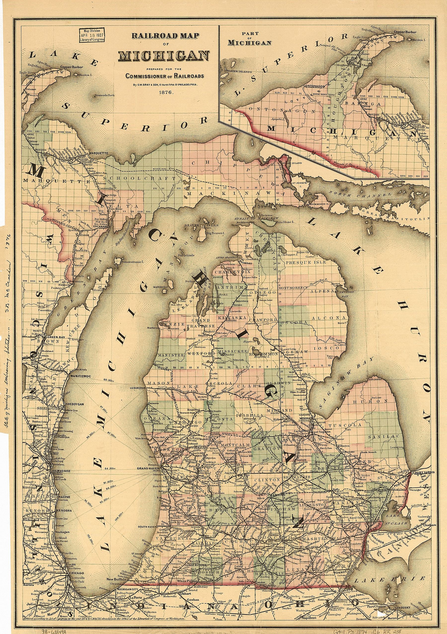 By 1876, the Grand Rapids and Indiana Railroad had built a line north to Petoskey. Petoskey became the county seat of Emmet County in 1902.