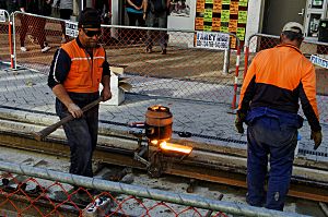 Workers join tram tracks in Christchurch