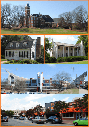 Top, left to right: Tillman Hall (near Clemson City), Hanover House, Fort Hill, Memorial Stadium, College Avenue