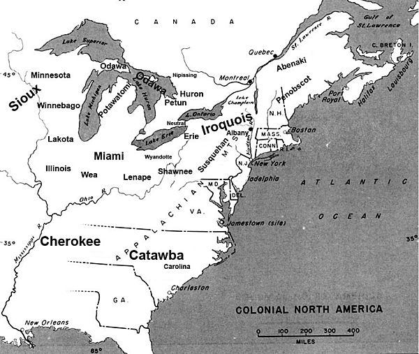 Map showing the approximate location of major tribes and settlements around 1648.