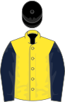 Yellow, dark blue sleeves, black cap