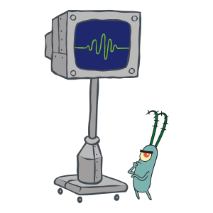 An animated computer monitor on a base with wheels stands next to a small, dark green, one-eyed copepod.