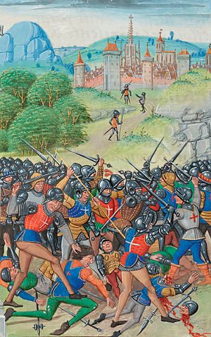 A colourful and stylised picture of a late-medieval battle