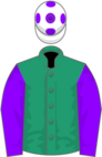 Emerald green, violet sleeves and spots on white cap