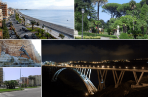 Panorama of Catanzaro, Top left: Panorama view of Crotone Street and Ionian Sea at Catanzaro Lido, Top right: Statue of Bernardino Grimaldi in Margheria Park (Villa Margheria), Bottom upper left: Cavatore Fountain in Matteotti Square (Piazza Matteotti), Bottom lower left: Filippos Avenue (Viale de Filippis), Bottom right: Night view of Morandi Viaduct Bridge