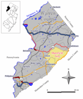 Location of Mansfield Township in Warren County highlighted in yellow (right). Inset map: Location of Warren County in New Jersey highlighted in black (left).