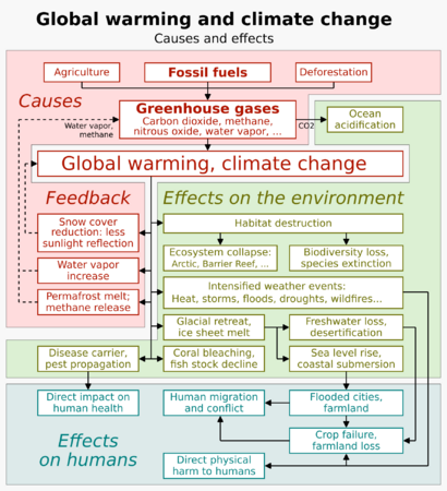 20200118 Global warming and climate change - vertical block diagram - causes effects feedback