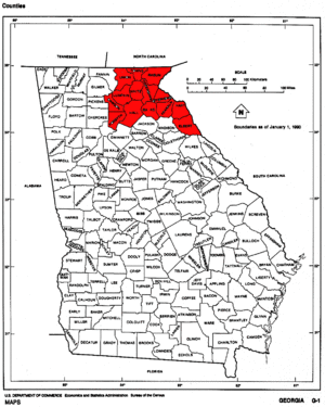 Map of Georgia highlighting the North Georgia mountains