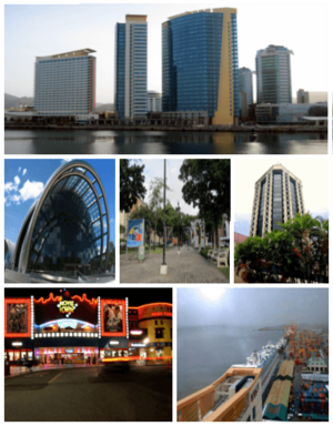 Top to bottom (left to right): Skyline of Port of Spain from Gulf of Paria; National Academy for the Performing Arts, Independence Square, Eric Williams Plaza; MovieTowne, Port of Port of Spain