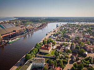 Aerial view with the Ventspils Castle and port