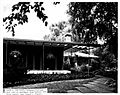 The front porch of a house, surrounded by lush greenery