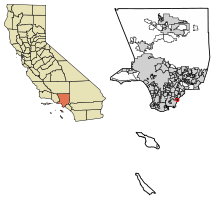 Location of Hawaiian Gardens in Los Angeles County, California.