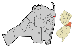 Map of Sea Bright in Monmouth County. Inset: Location of Monmouth County highlighted in the State of New Jersey.