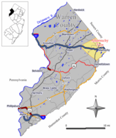 Map of Allamuchy Township in Warren County. Inset: Location of Warren County highlighted in the State of New Jersey.