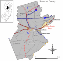 Location of Green Brook Township in Somerset County highlighted in yellow (right). Inset map: Location of Somerset County in New Jersey highlighted in black (left).  <mapframe text="Interactive map of Green Brook Township, New Jersey" zoom="8" width="250" height="250"> {  "type": "ExternalData",  "service": "geoshape",  "ids": "Q367261" } </mapframe>