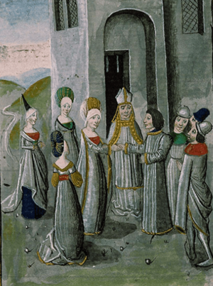 Depiction of Baldwin IV's marriage to Alice of Namur in the Chronicles of Hainaut