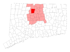 Simsbury's location within Hartford County and Connecticut