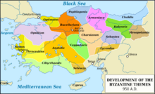 A map centred on Turkey. From west to east and north to south with the corresponding colors in brackets; are the themes of Opsikion (light purple), Samos (dark grey), Thracesians (light grey), Cibyrrhaeots (light green), Optimatoi (dark grey), Anatolic and Seleucia (brown), Bucellarians (orange), Paphlagonia (navy blue), Cappadocia (green), Charsianon (pink), Armeniacs (purple), Lycandus and Mesopotamia (brown), Sebastea (blue), Koloneia (dark green) and Chaldia (light blue). On the map are marked the major rivers; the Aegean, Black and Mediterranean Seas; the cities of Ephesos, Constantinople, Ancyra, Tarsus, Adana, Antioch and Edessa; and the islands of Crete and Cyprus.