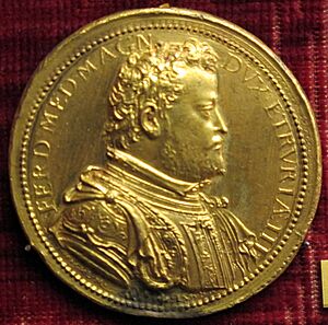 Michele mazzafirri, medaglia di ferdinando de' medici duca e fortezza di livorno, 1588 (bronzo dorato)