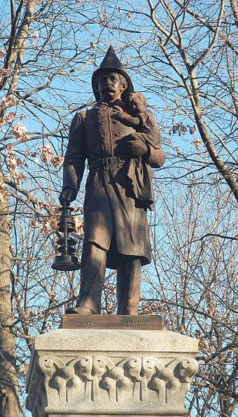 Volunteer FD statue 1891 Church Sq Hoboken jeh.jpg