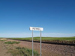 Sign along the railroad tracks in Petrel, North Dakota